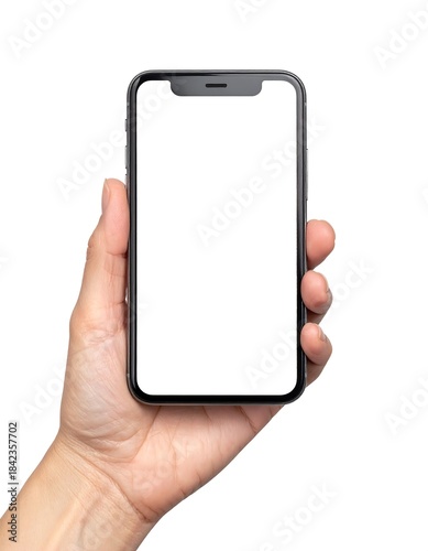Close-up of a hand holding a modern smartphone with a blank, white screen