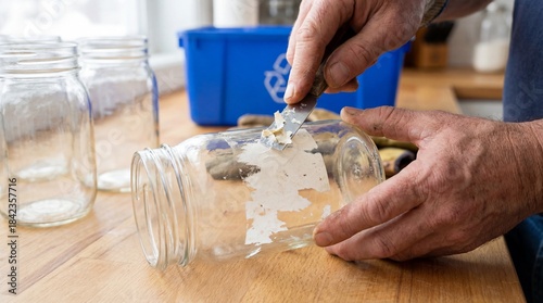 An individual meticulously removes labels from a jar, embodying the core of reuse and mindful consumption. The scene is illuminated.