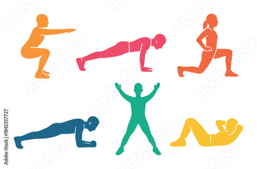 Colorful silhouettes of exercise poses on black background