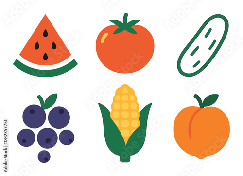 Vibrant array of colorful fruits and vegetables with watermelon, tomato, and corn
