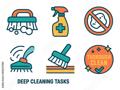 Colorful icons of cleaning tools and tasks for effective home sanitization