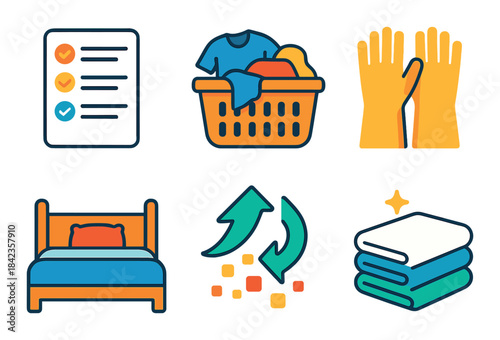 Colorful laundry and housekeeping icons including basket, gloves, bed, and towels