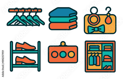 Colorful fashion and clothing icons featuring hangers, shoes, and accessories