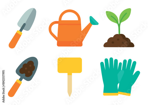 Colorful glow of gardening tools with watering can, trowel, seedling, gloves, and plant marker