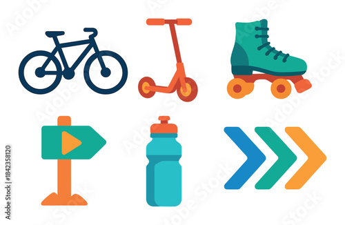Colorful neon icons: bicycle, scooter, roller skate, sign, bottle, arrows