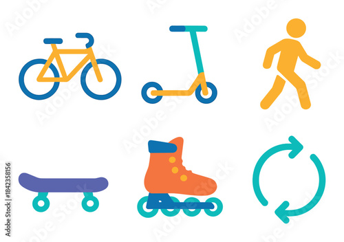 Colorful neon icons of bicycle, scooter, pedestrian, skateboard, rollerblade, and recycle sign