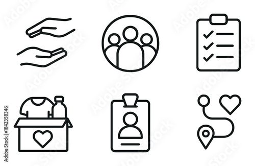 Symbols of charity: hands, checklist, community, donation, badge, route