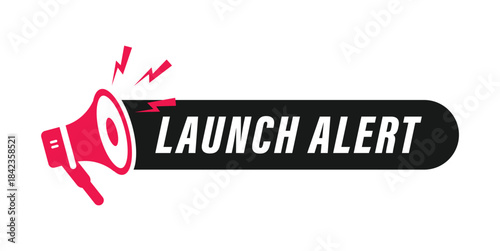 New product launch announcement marketing alert megaphone promotion label sticker graphic vector illustration