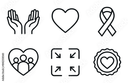 Black outlined icons of heart, ribbon, hands, family, arrows, love emblem