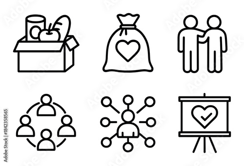 Charity and support symbols: food donation, community, network, teamwork, heart, caring