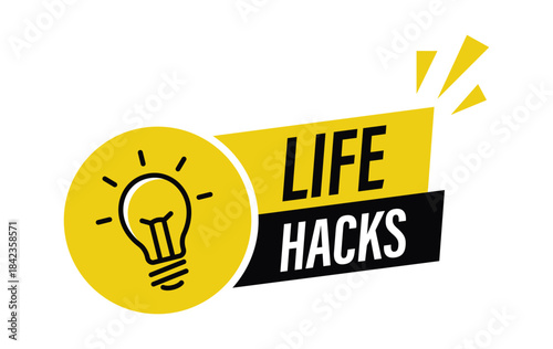 Clever life hacks solution light bulb icon label banner graphic design vector illustration for easy living