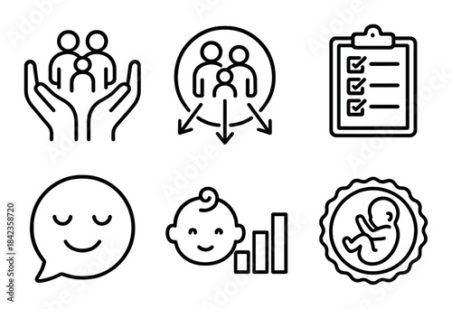 Family planning icons: parenthood, family growth, communication, baby, fetus, healthcare symbols