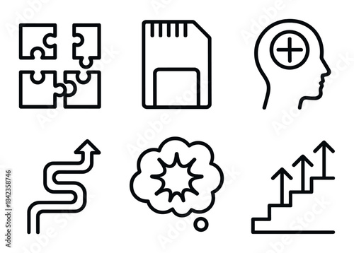 Minimalist icon set with puzzle, memory card, head, arrow, cloud, and growth symbols