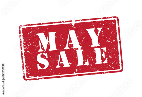 Red grunge rubber stamp text May Sale banner marketing graphic design promotion isolated white background