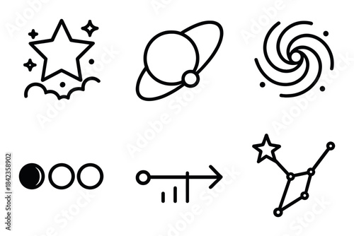 Minimalist cosmic icons featuring stars, planets, and galactic symbols on a dark background