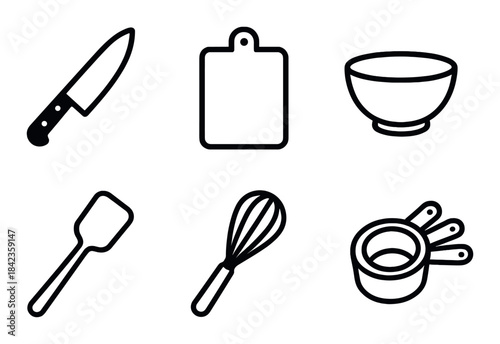 Silhouette icons of kitchen utensils: knife, cutting board, bowl, spatula, whisk, measuring cups