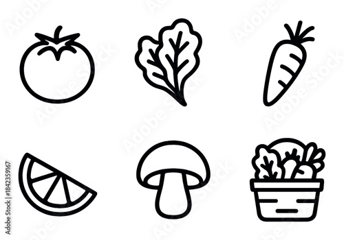 Outline icons of tomato, lettuce, carrot, lemon, mushroom, and basket