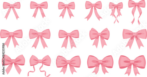 Pink ribbon bow illustration collection featuring decorative gift bows, cute fashion elements, festive accessories, and elegant celebration designs