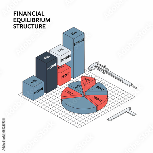 Modern isometric vector illustration visually explains financial equilibrium structure, detailing income, expenses, profit, and debt analysis using precise measuring tools.