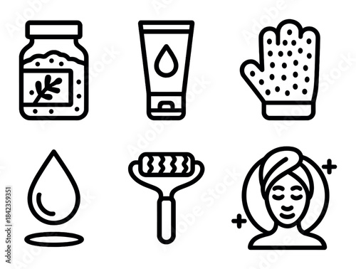 Skincare icons set: moisturizer, exfoliating glove, facial roller, serum, spa therapy