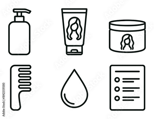 Hair care icons set featuring shampoo, conditioner, comb, oil, mask, instructions