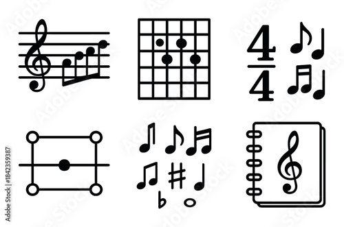 Music symbols: notes, chords, and sheet music illustrations