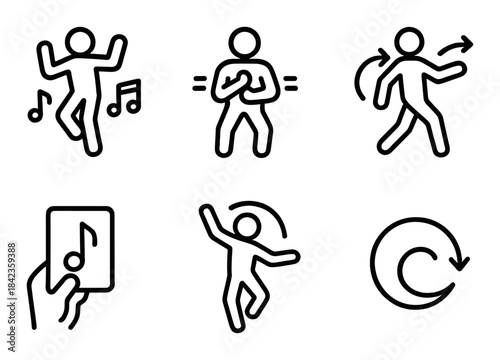 Dance move symbols with music icons on dark background