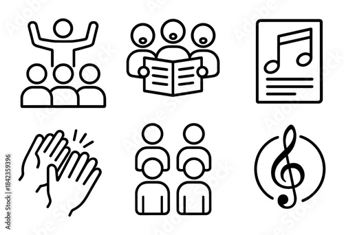 Musical performance icons: choir, sheet music, applause, treble clef