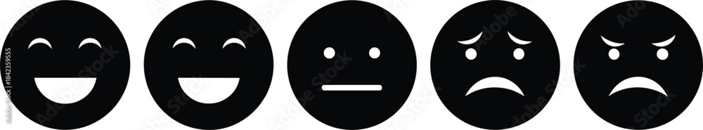 Fototapeta premium Simple emoticon face illustration set featuring happy, neutral, sad, angry expressions for feedback, rating, mood, and communication design