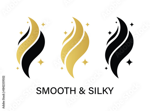 Smooth and Silky elegant hair icon set in gold and black with sparkles for beauty product