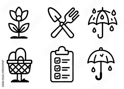 Black gardening icons: flower, tools, umbrella, basket, checklist