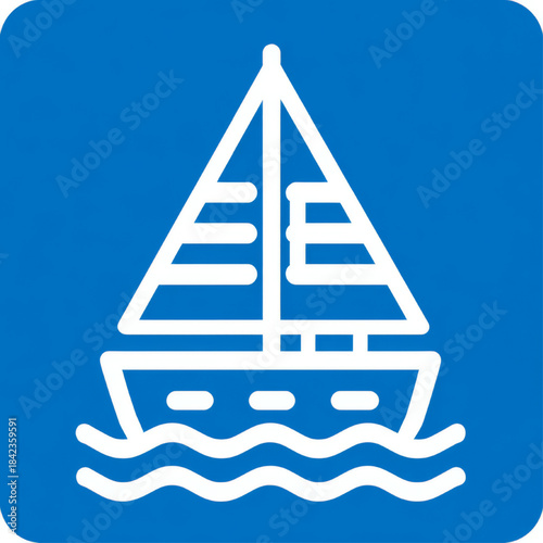 Simple sailboat line art icon in white on a blue background represents nautical travel or leisure, perfect for maritime websites or summer event promotions.