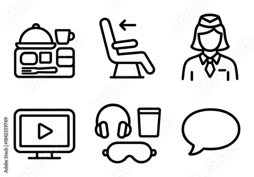 Airplane travel essentials icons - flight attendant seat food entertainment items