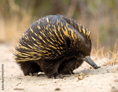 Close-up of a unique Australian animal with sharp spines and a long beak foraging on sandy ground