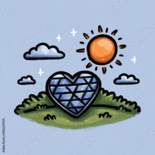 A cheerful illustration of a heart-shaped solar panel glowing on a green hillside with the sun and clouds above, symbolizing clean energy and environmental care.