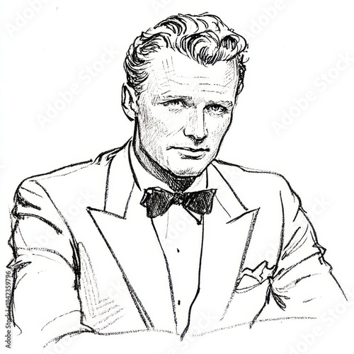 Hand-drawn black and white sketch of a confident man in a classic tuxedo and bowtie, exuding elegance and sophistication, perfect for vintage or formal themes.