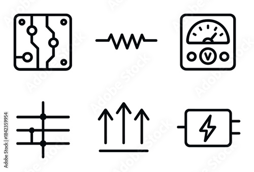 Set of electrical icons with circuit, resistor, and voltmeter symbols