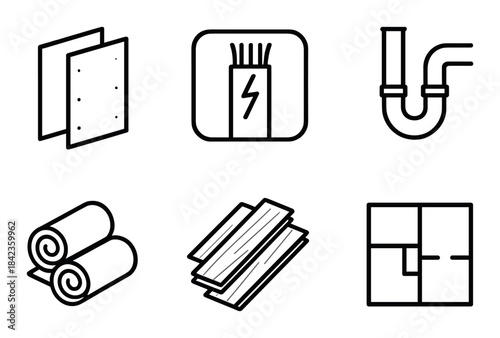 Home renovation elements: drywall, wiring, plumbing, insulation, flooring, blueprint