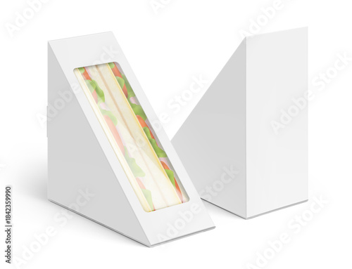 Triangular sandwich box packaging mockup. Vector illustration isolated on white background. Half side view. Can be use for template your design, presentation, promo, ad. EPS10.