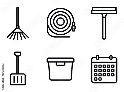 Gardening tools icon set: rake, hose, squeegee, shovel, bin, calendar