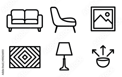 Minimalist home decor icons: sofa, chair, art, rug, lamp, bowl outline set