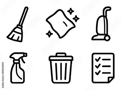 Essential cleaning icons: broom, cloth, vacuum, spray, trash, checklist