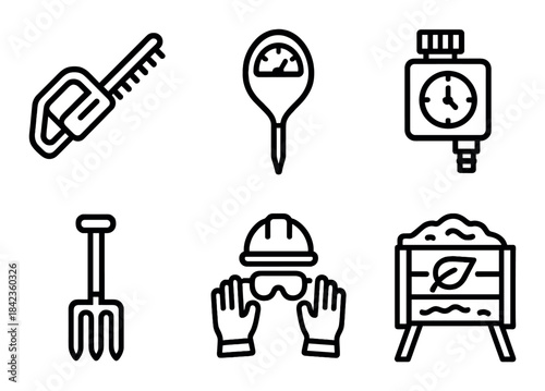 Black and white gardening and construction tools icons set