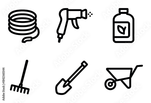 Essential gardening tools: hose, spray gun, rake, shovel, wheelbarrow, fertilizer bottle