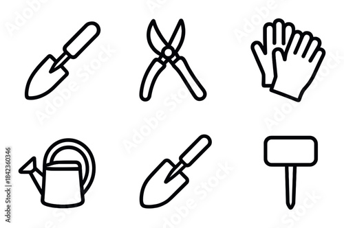 Silhouette icons of gardening tools - trowel, shears, gloves, watering can, marker sign