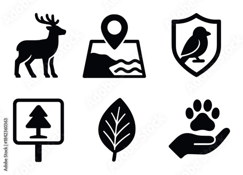 Nature and wildlife icons: deer, map, bird, tree, leaf, and paw print