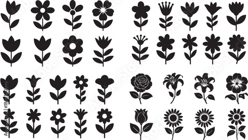 Collection of Black Silhouette Flower Icons floral