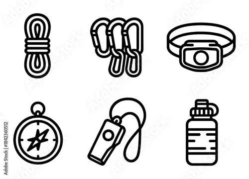Camping essentials: rope, carabiners, headlamp, compass, whistle, water bottle icons