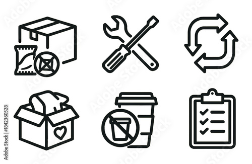 Sustainable icon set highlighting recycling and eco-friendly practices