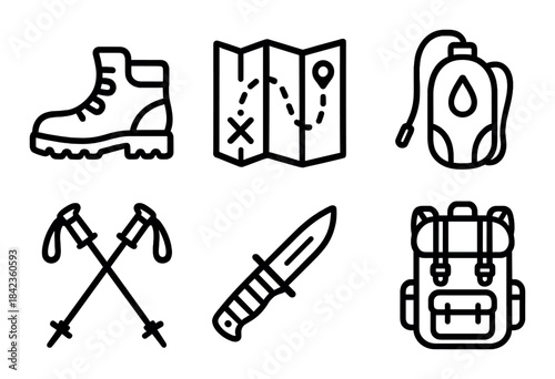 Essential hiking gear: backpack, boots, map, water, poles, knife icons